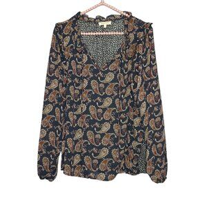 Anthropologie Medium M Mystree Blue‎ Paisley Black Leopard Contrast Ruffle Top
